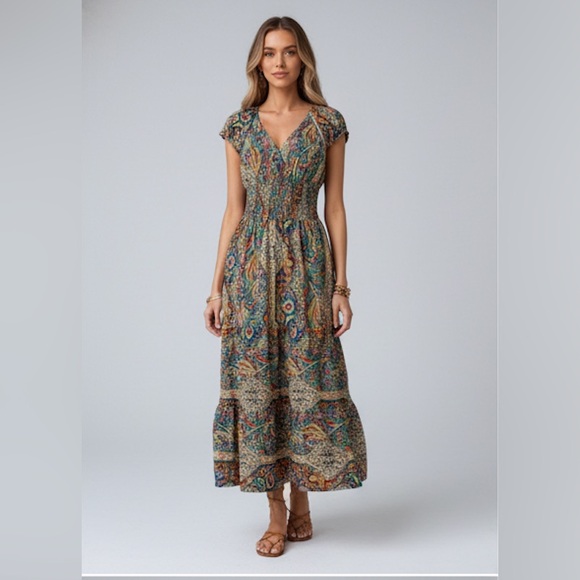Dresses & Skirts - Boho Paisley Shirred Waist Ruffle Hem Maxi Dress Multicolor